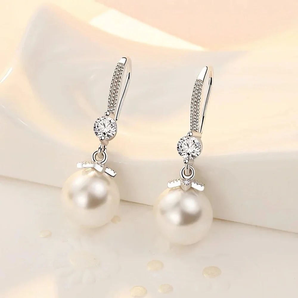 925 Sterling silver Pretty crystal pearl earrings for women fashion designer - Picture 1 of 6
